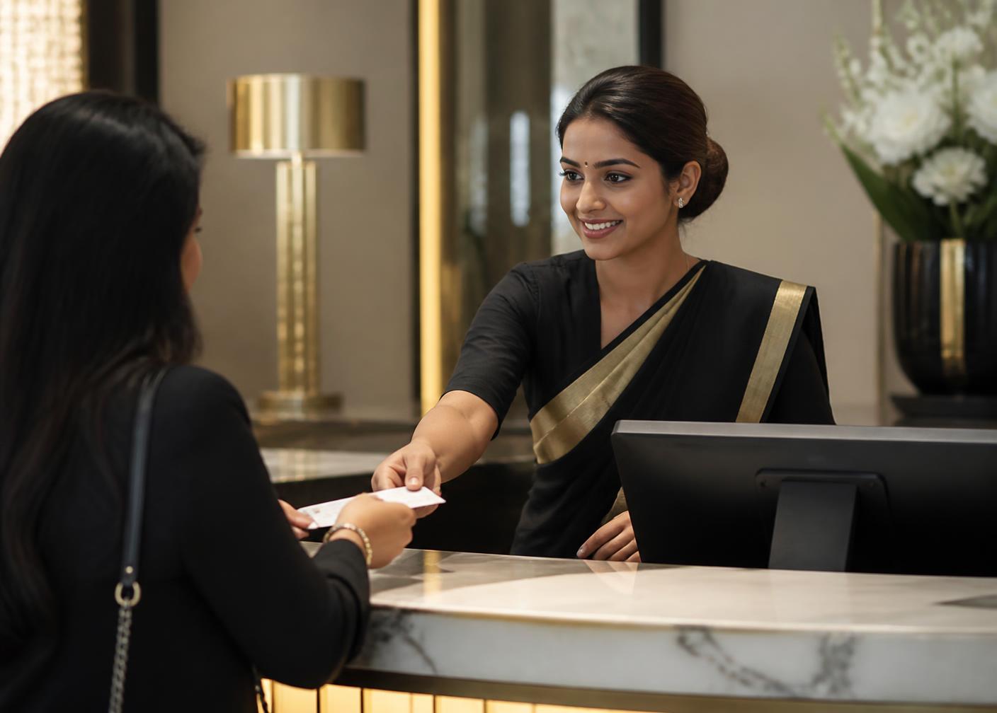 Service assistant helping a customer at a modern counter