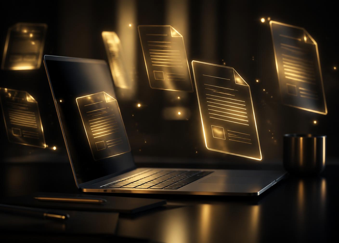 Abstract glowing digital documents floating around a laptop
