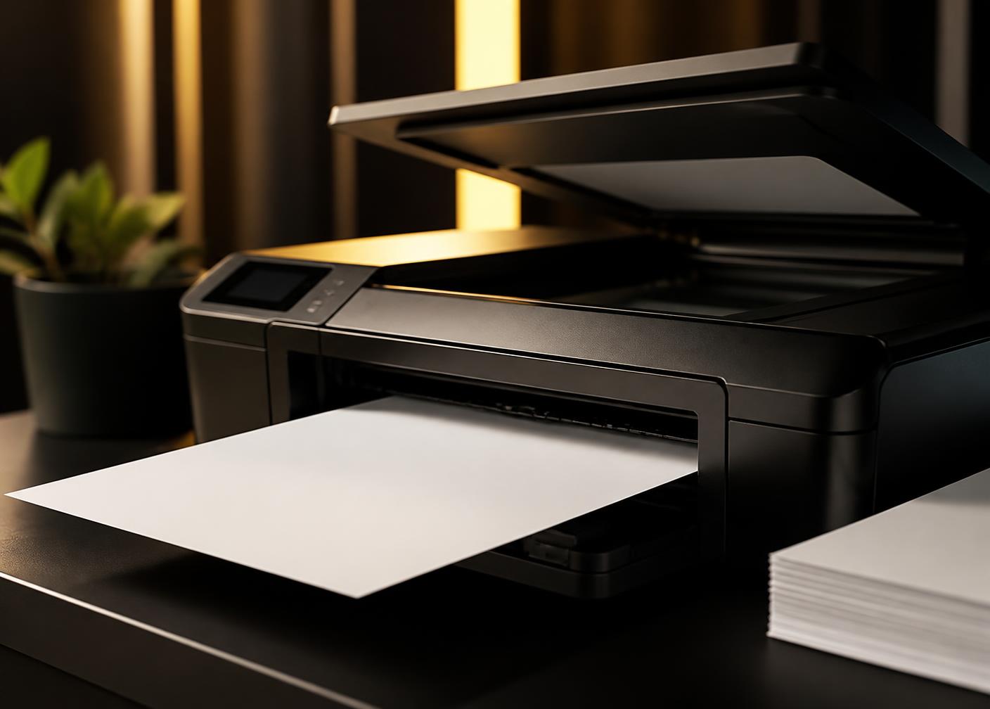 Macro photograph of a modern printer and blank paper in warm light